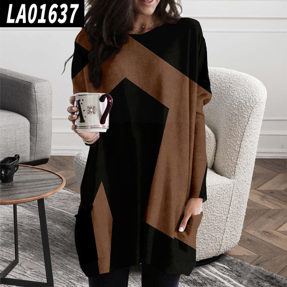 Abstract Face Crew Neck Casual Mid-Length Loose Dress