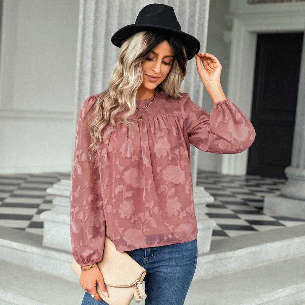 2022 autumn and winter new jacquard round neck top women's American station European and American women's loose chiffon shirt
