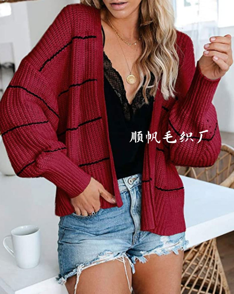 Striped Knitted Coat Commuter Ol plus Size Color Sweater Cardigan