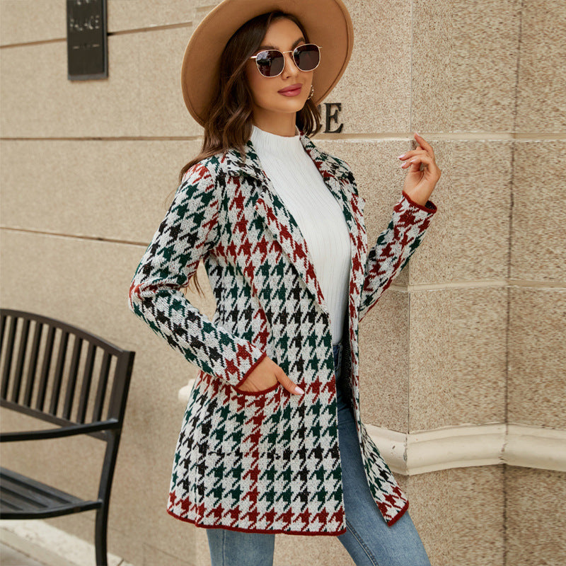 Autumn and Winter Long Sweater Contrast Color Houndstooth Knitted Cardigan Temperament Commute Suit Collar Trench Coat Coat