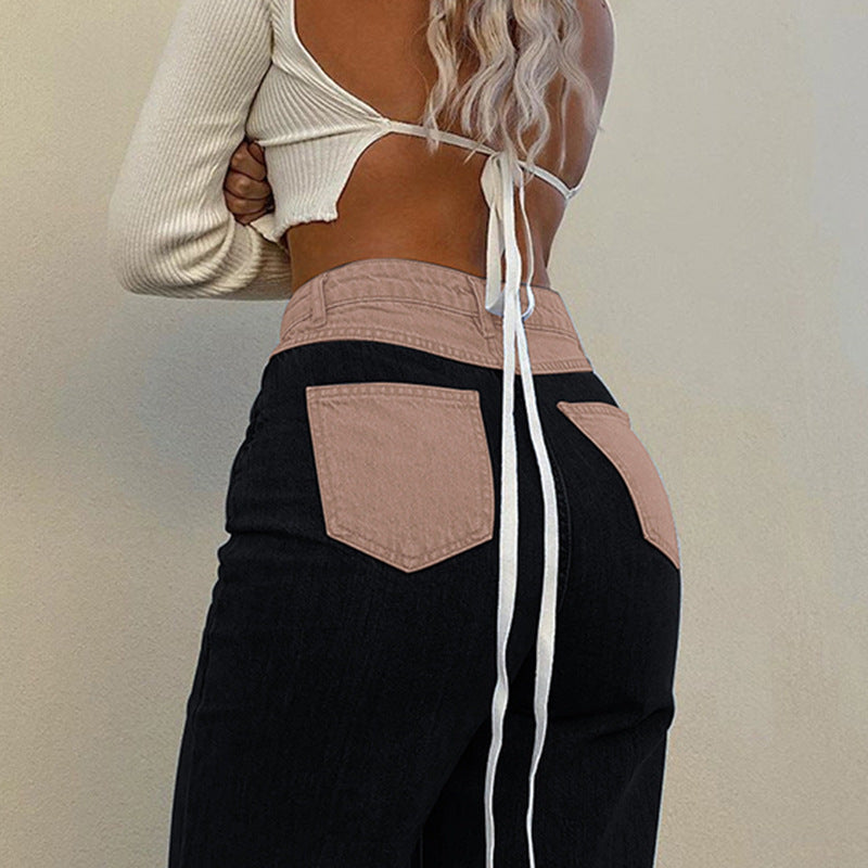 Women's Patchwork Jeans European and American New Fashion Washed High Waist Baggy Straight Trousers