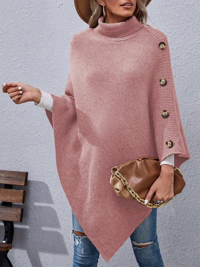 Button Turtleneck Irregular Sweater Shawl Cape Women