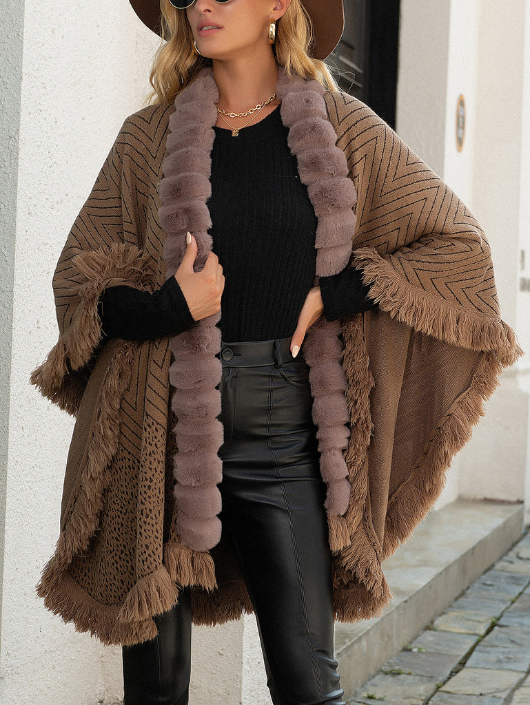 Autumn And Winter New Light Luxury Fur Collar Tassel Shawl Sweater Cloak