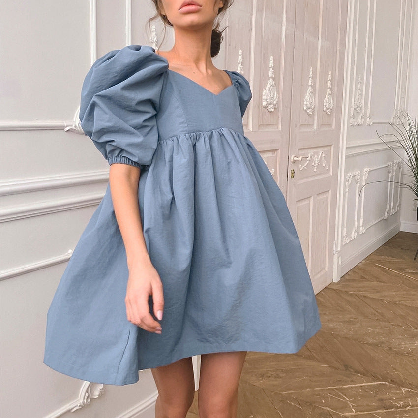 Pure Cotton Puff Sleeve Loose Temperament V-neck French Skirt Solid Color Dress