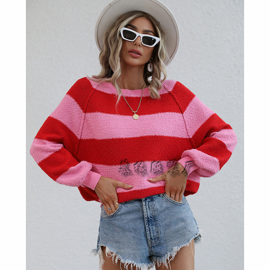 2 Sweater Stitching Color Striped Sweater Pullover Loose Sweater for Women