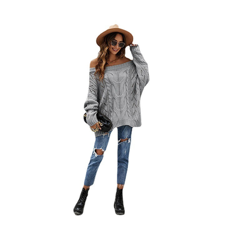 Off-the-Shoulder Large Size Loose Sweater Amazon off-Neck Solid Color Pullover Sweater Women