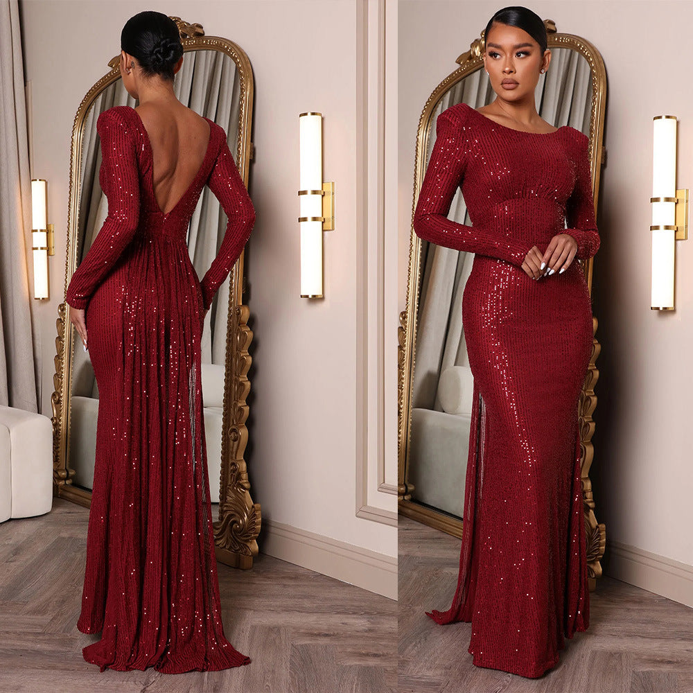 Sexy Backless Long Sleeves Slim Fit Slit Banquet Formal Long Dress