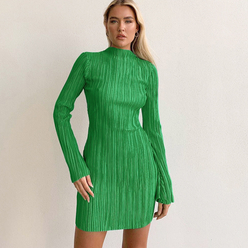 Pleated Dress Commuter Waist-Tight Green Pleated Long Sleeve Short Dress A- line Skirt