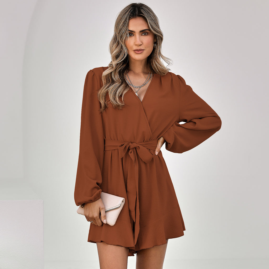 2022 autumn and winter women's V-neck long-sleeved fashion solid color lotus leaf jumpsuit women
