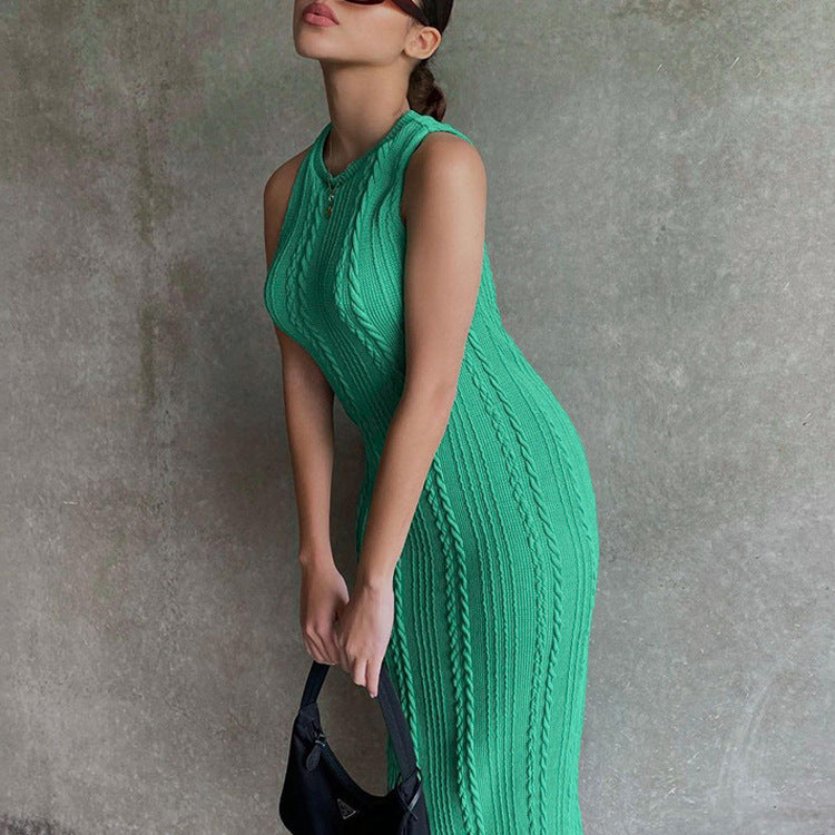 Popular Sheath High Waist Slim-Fit Solid Color Large Size One-Step Long Skirt Knitted Sleeveless Pullover round Neck Dress