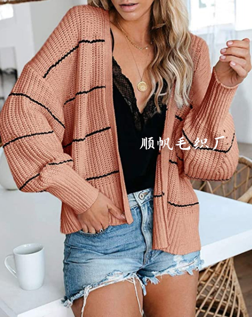 Striped Knitted Coat Commuter Ol plus Size Color Sweater Cardigan