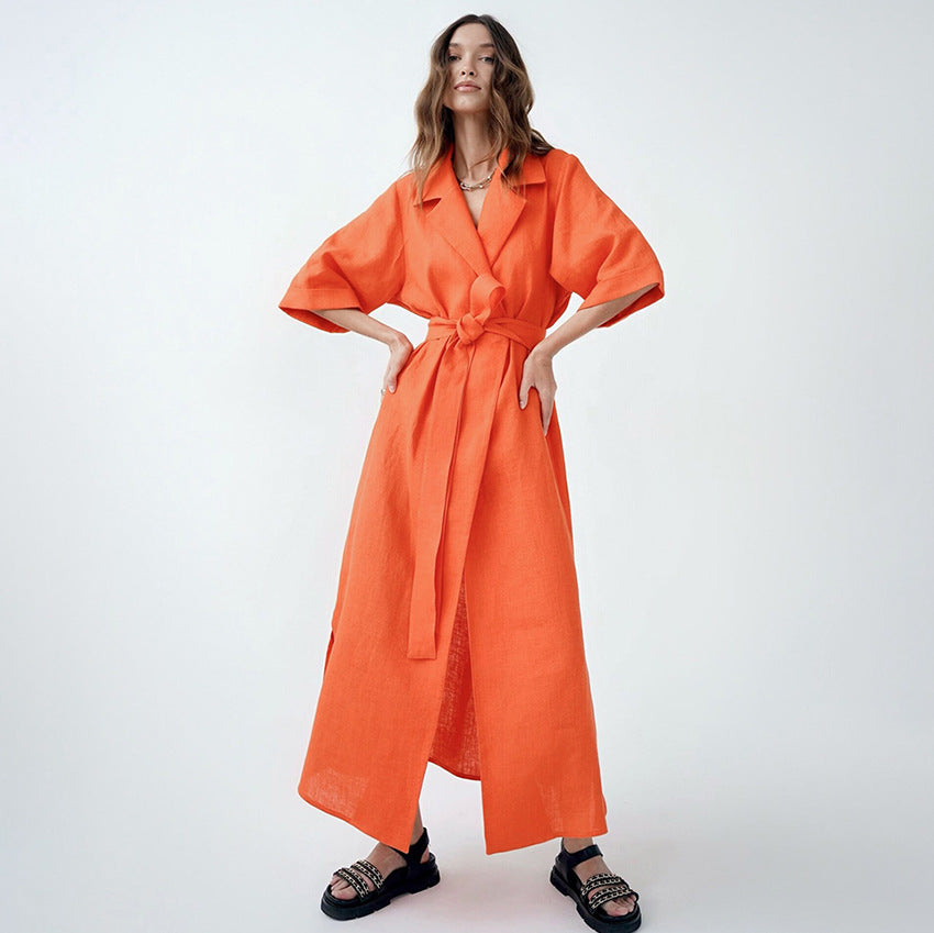 Stomach Blanket Style Suit Skirt Fashion Women's Wear Cotton and Linen Dress A- line Dress European and American Waist Dress