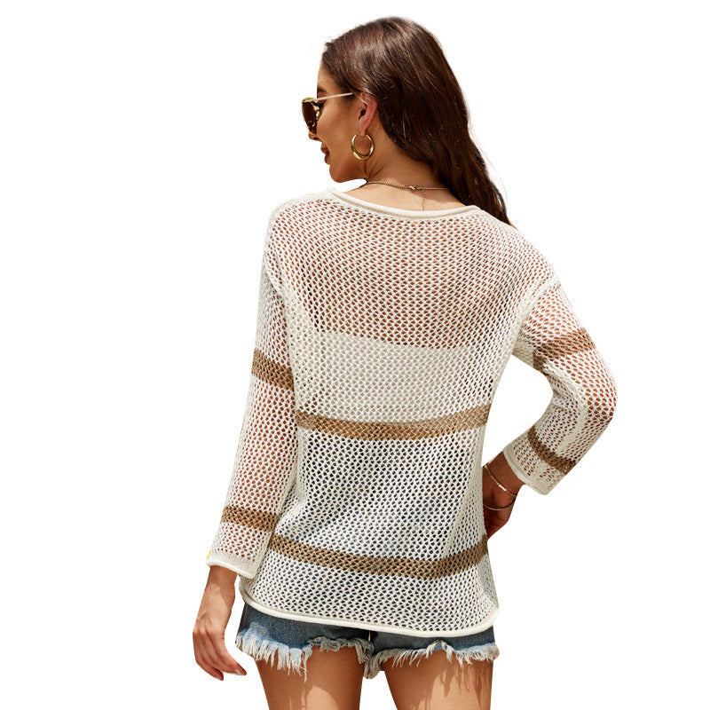 Outer Wear Thin Long-Sleeved Knitted Top Loose All-Match round Neck Striped Hollow Sweater