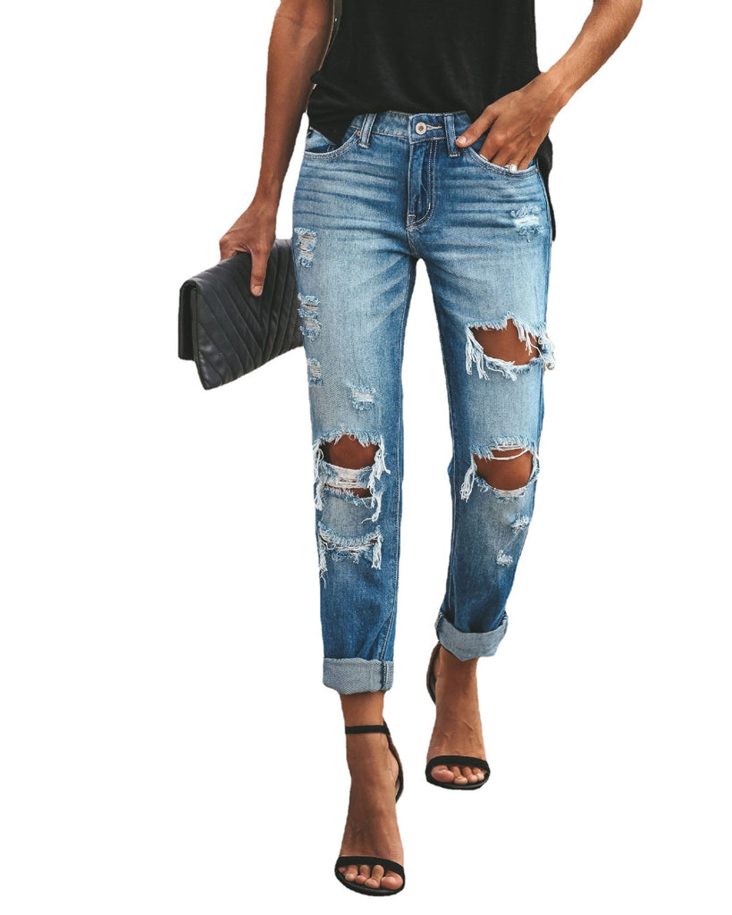Ripped Straight Street Style Jeans for Women