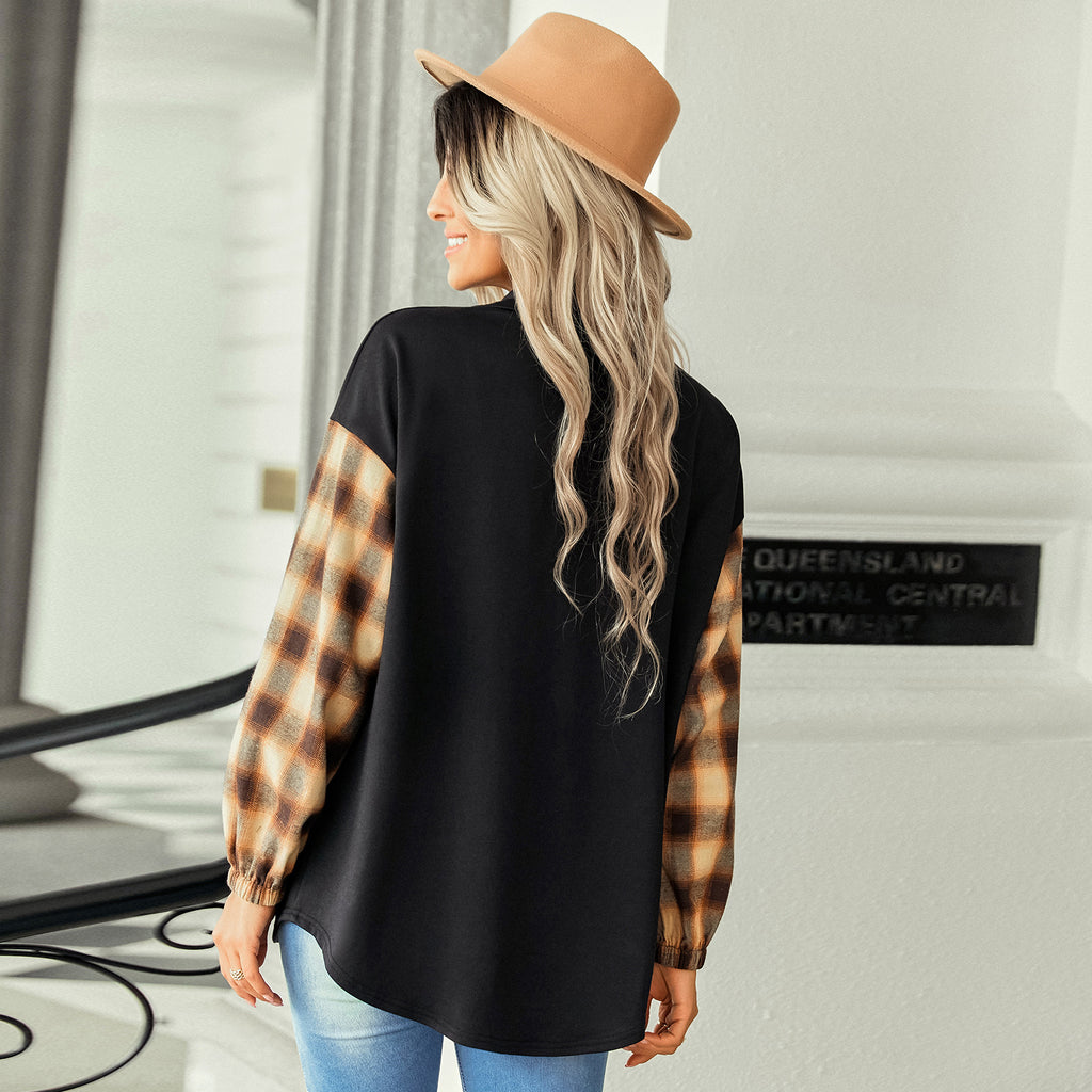 Women's Clothing 2022 Autumn and Winter New Plaid Patchwork Top Women's Fashion Polo Collar Loose Shirt