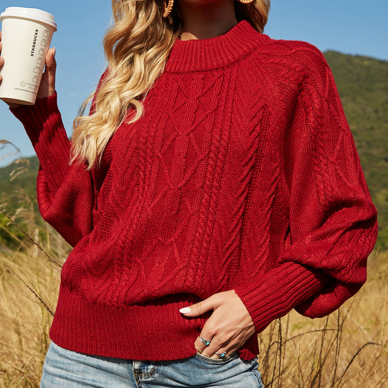 Women's Solid Color Lantern Sleeve Mock Neck Sweater Fashion British Loose Pullover Sweater