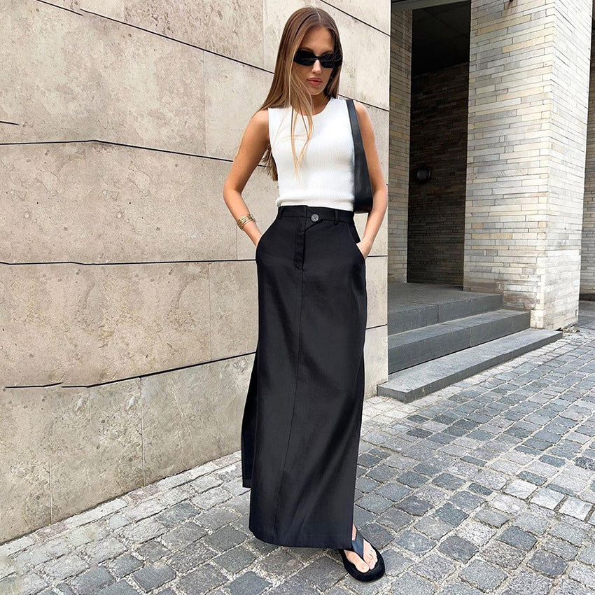 Split Skirt Simple High Sense Casual Versatile Midi Skirt Commuting Elegant Design Sense a-Lineskirt