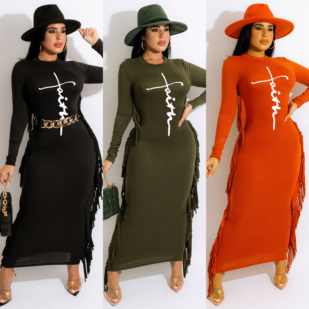 Sexy Women Clothing Fashion Printing Tassel Dress without Belt