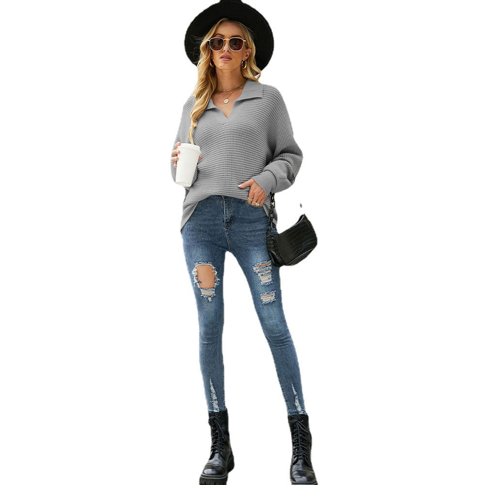 Bestseller Fashion Long Sleeve Solid Color Sweater Loose Pullover Lapel Sweater