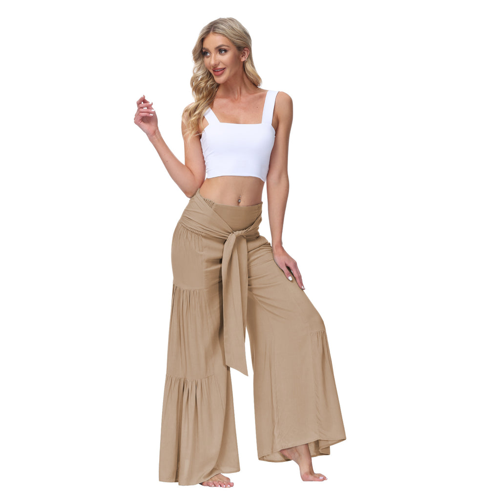 European and American Women's Clothing Fashion Temperament Bandage Elastic Waist Pleated Wide Leg Pants Casual Loose Trousers