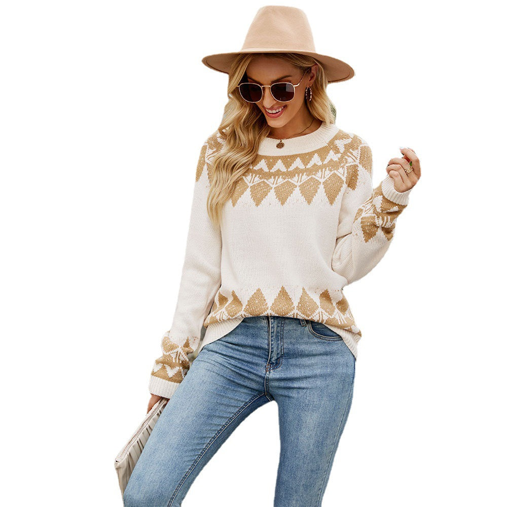 Women's Vintage Jacquard Sweater Women's round-Neck Long-Sleeved Pullover