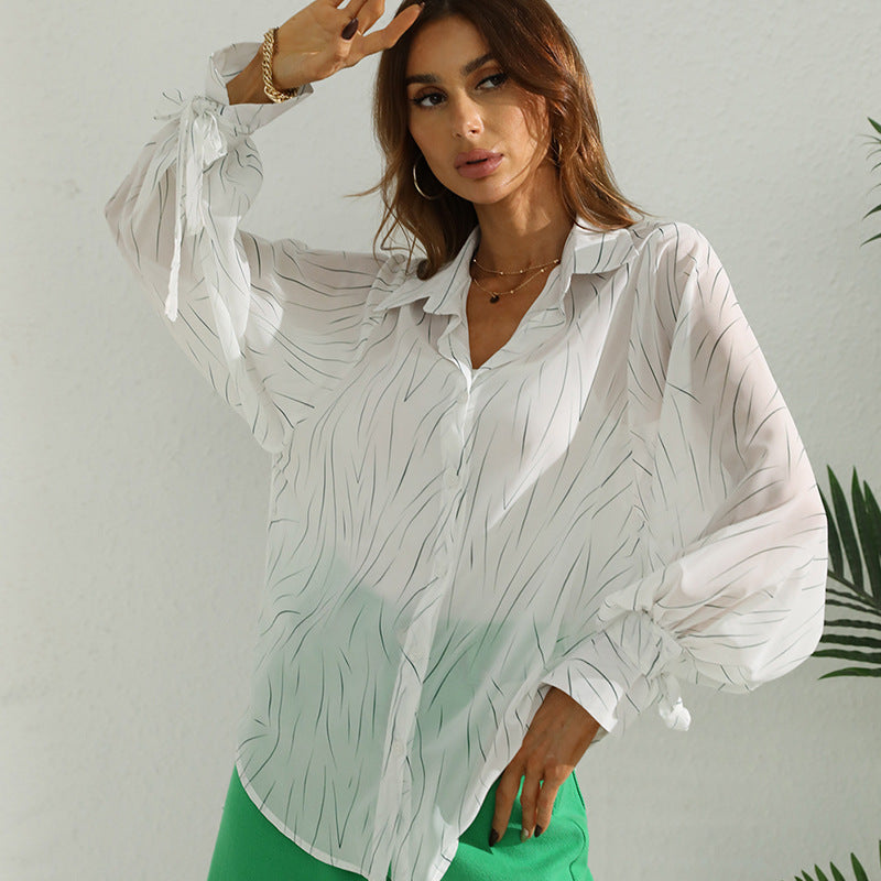 White with Lapel Top Single Breasted Cardigan Long Sleeve Women Casual Shirt