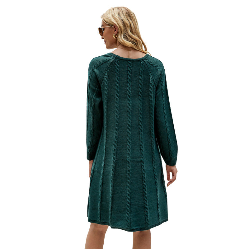 Solid Color Pullover Twisted Knitted Sweater Dress Long A- line Knitted Dress
