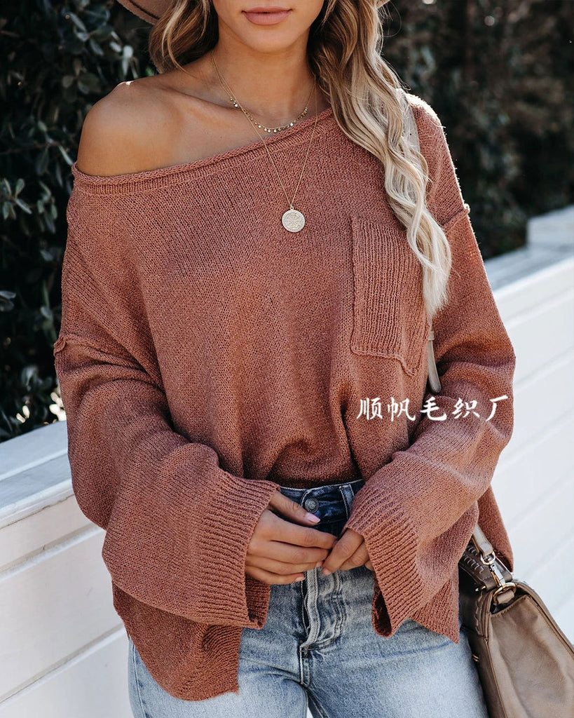 Solid Color Pullover Sweater Round Neck Pocket Loose Casual Women 'S Sweater