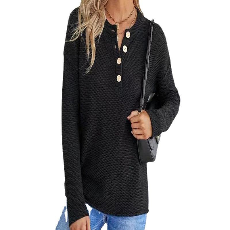 Autumn and Winter Solid Color European and American Sweater Women's Half Cardigan Button Sweater Pullover Women's Top