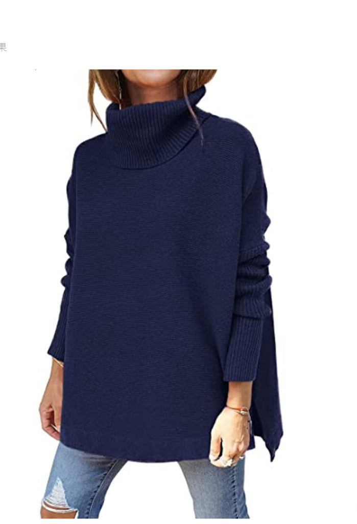 Women's Turtleneck Oversized Sweater Mid-Length Batwing Sleeve Hem Waist Pullover Sweaters Top