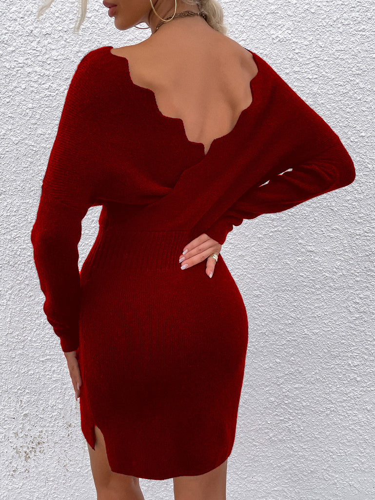 Wave Pattern V-neck Split Sweater Dress for Women