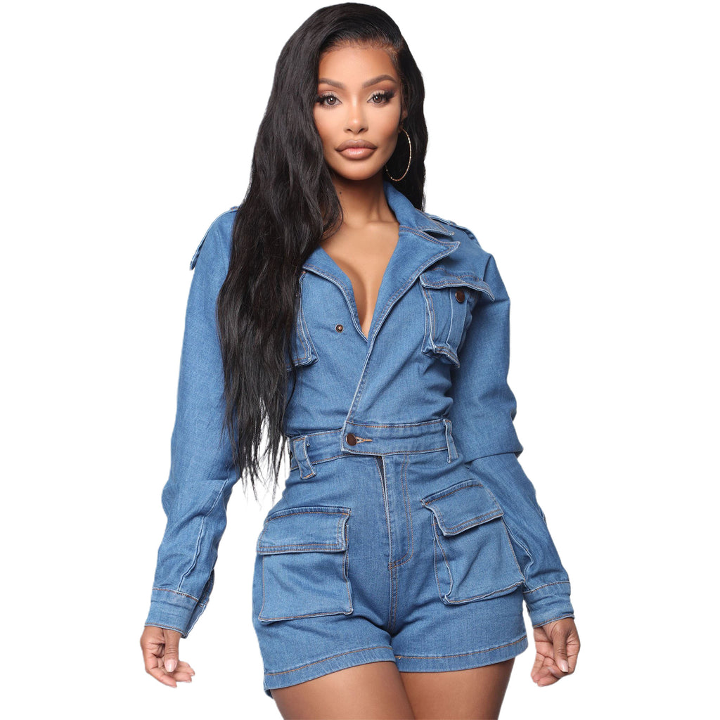 Denim Jumpsuit New European and American Washed Fashionable Slim Fit Comfortable One-Piece Denim Shorts