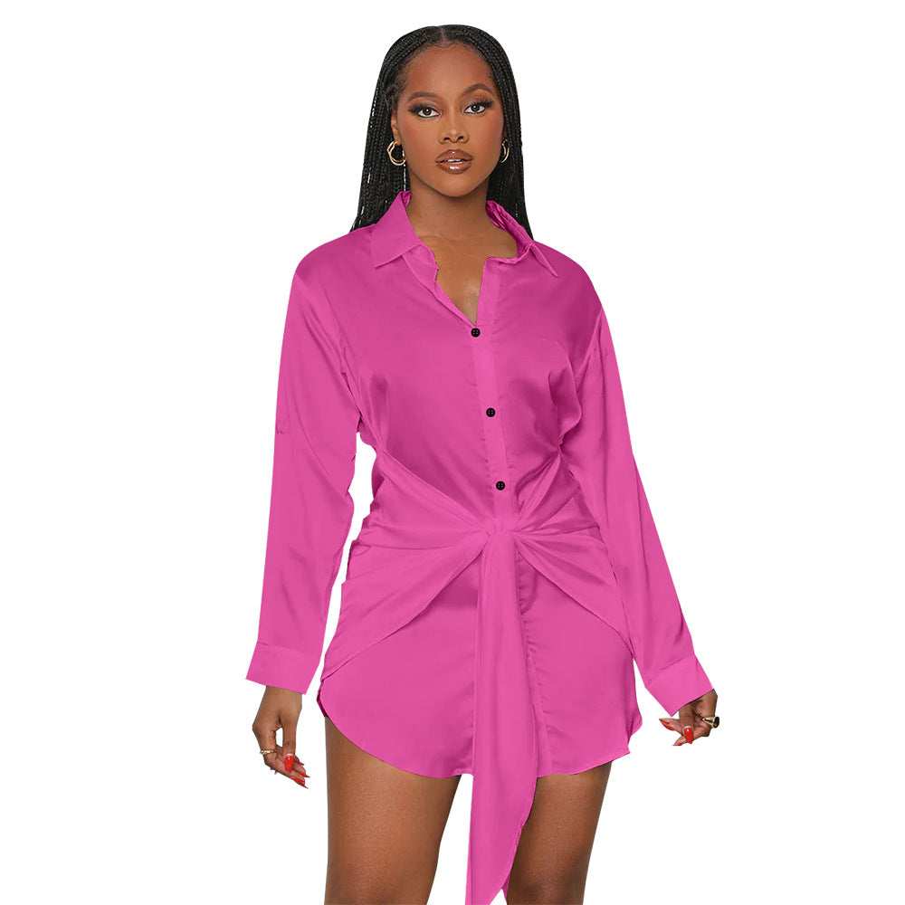 Shirt Dress Solid Color Sexy Waist Trimming Dress