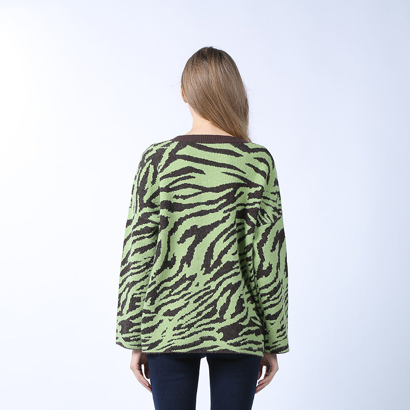 Zebra Print Sweater Women's Loose Outer Wear Idle Style round Neck Pullover Sweater Fashion