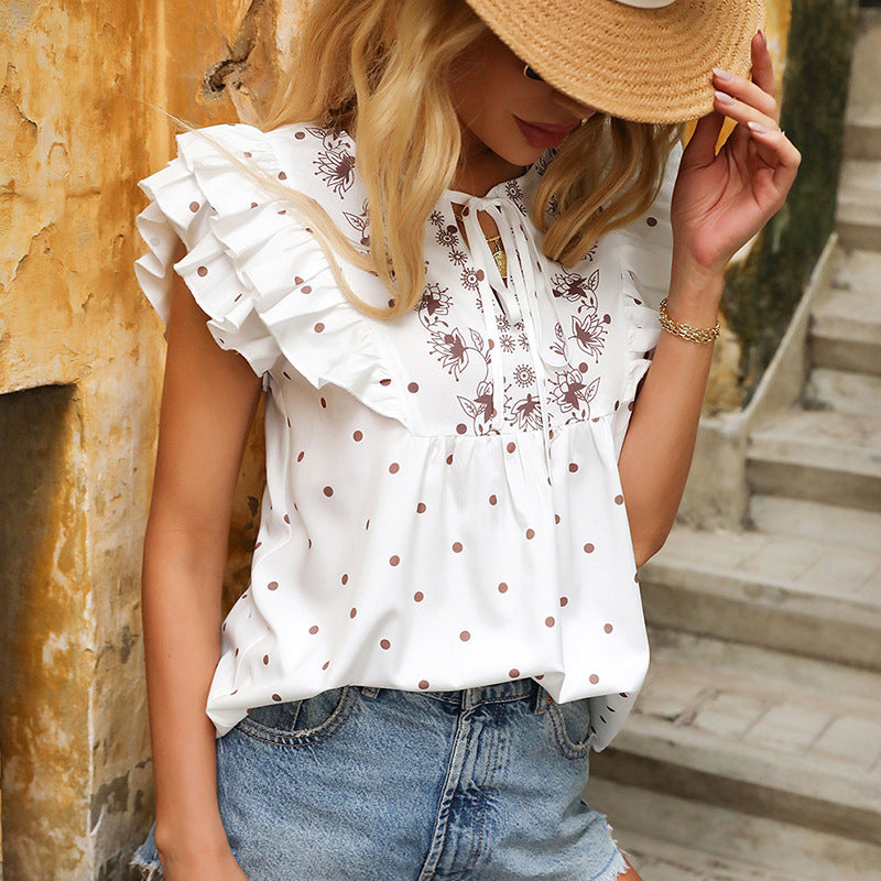 Solid Color Polka Dot round Neck Lace-up Short Sleeve Loose Lady Casual Women's Shirt