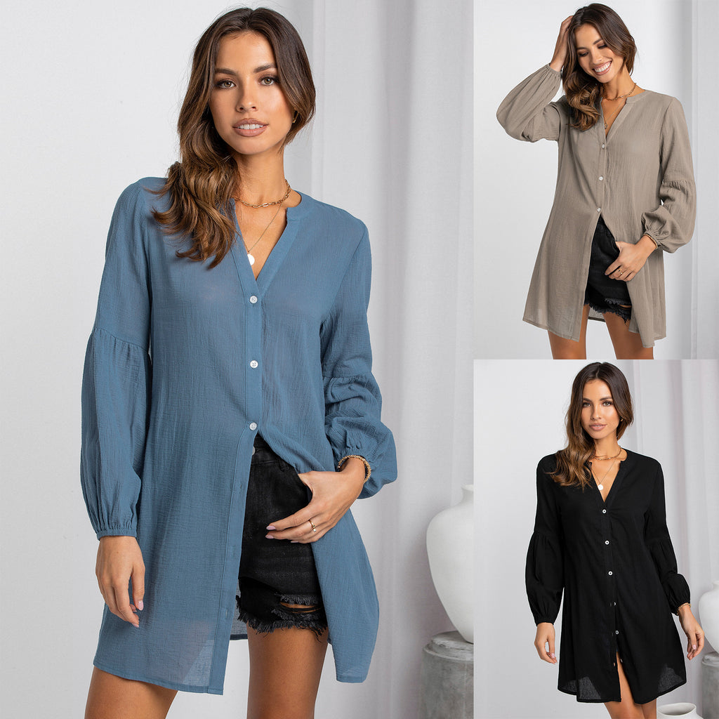 2022 Autumn and Winter New Shirt Women's Fashion Casual Mid-Length Slim Solid Color Shirt