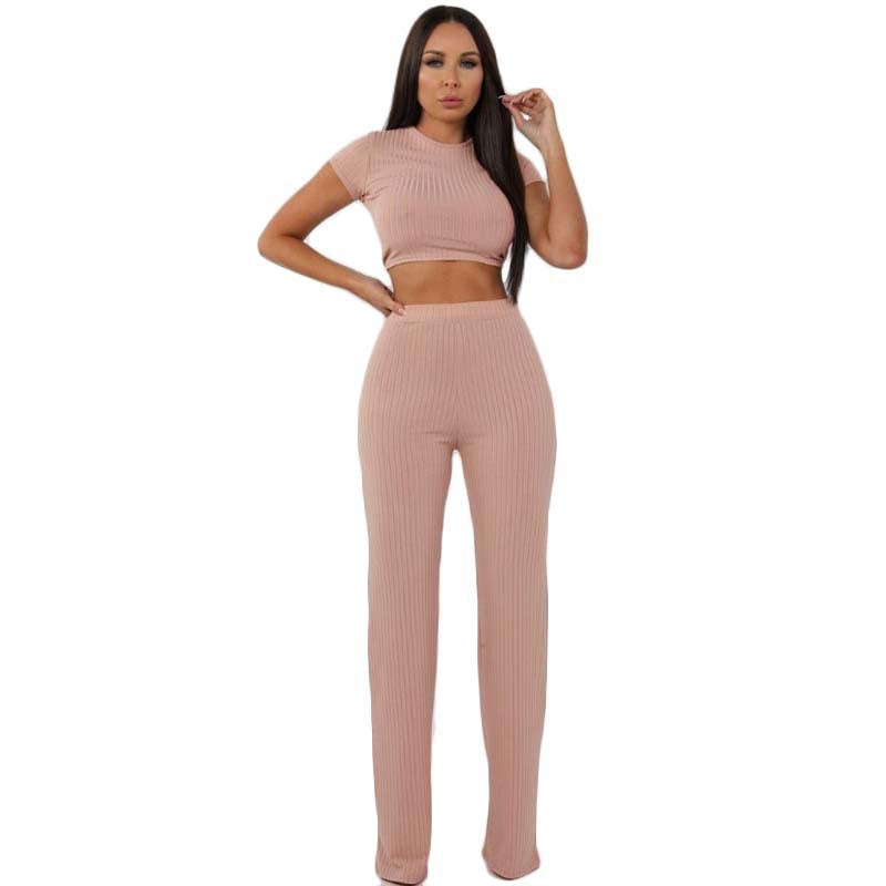 2022 new fashion casual suit female European and American high-elastic cotton pit strip wide-leg pants two-piece set