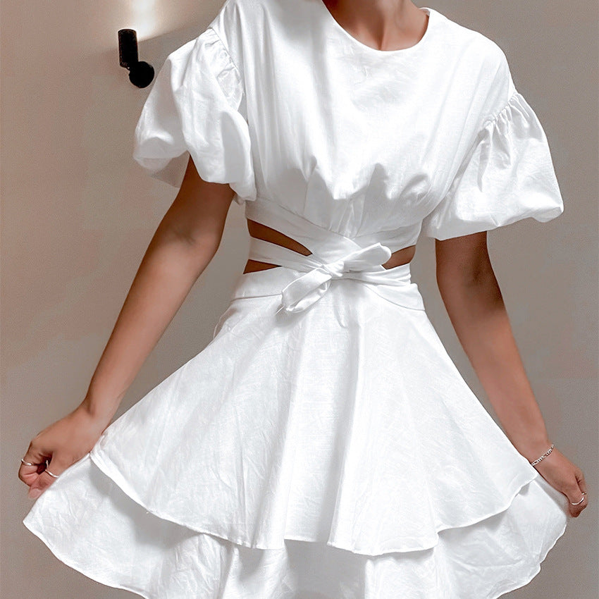French Commuter Bubble Sleeve Backless Design Temperamental Minority Cotton Dress Cake Dress