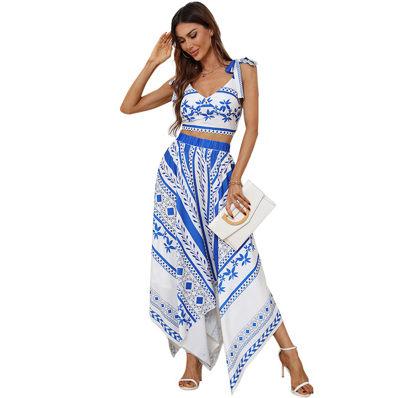 Blue Printed Bohemian Camisole Skirt Women's Suit