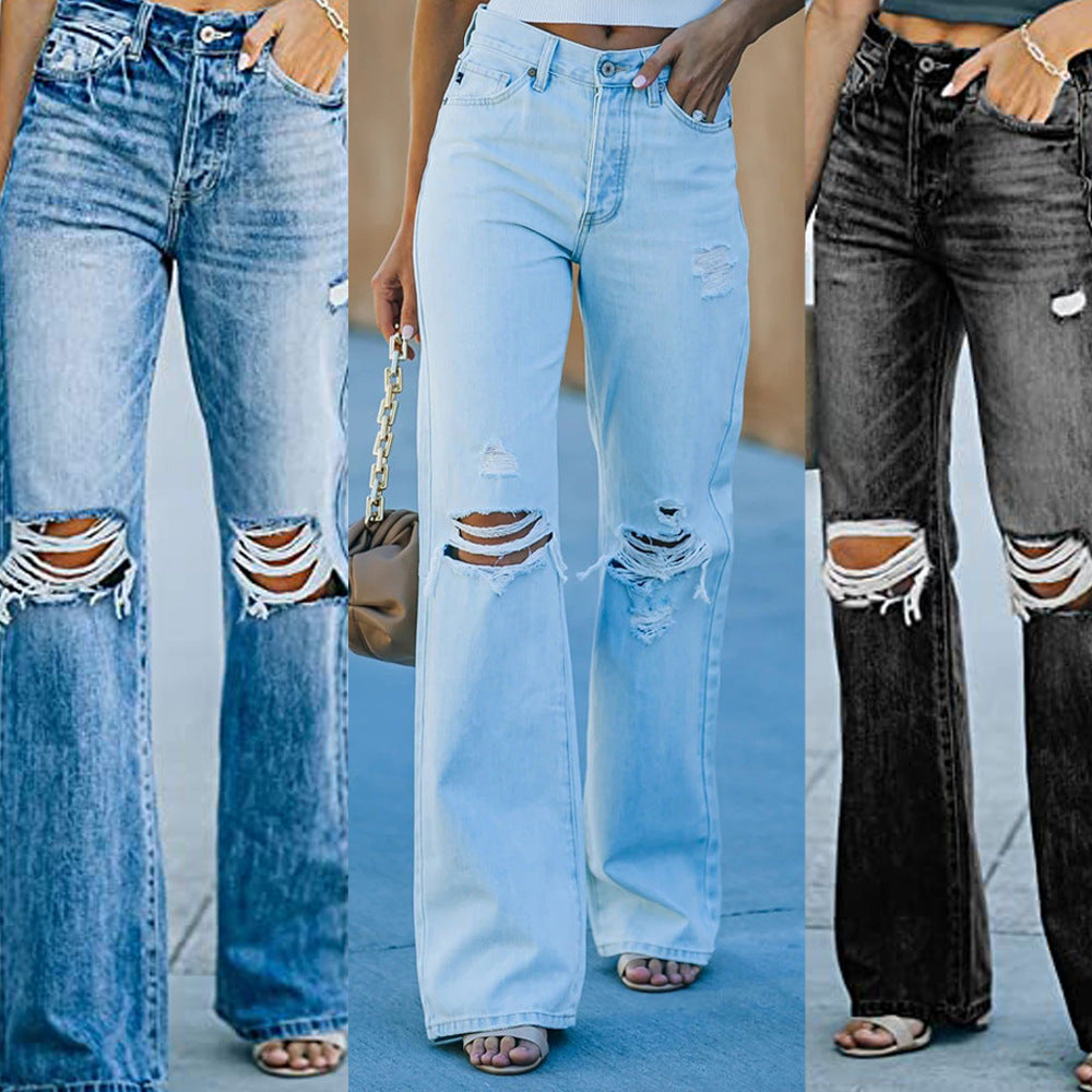 High Waist Temperament Water Washed Hole Casual Denim Trousers