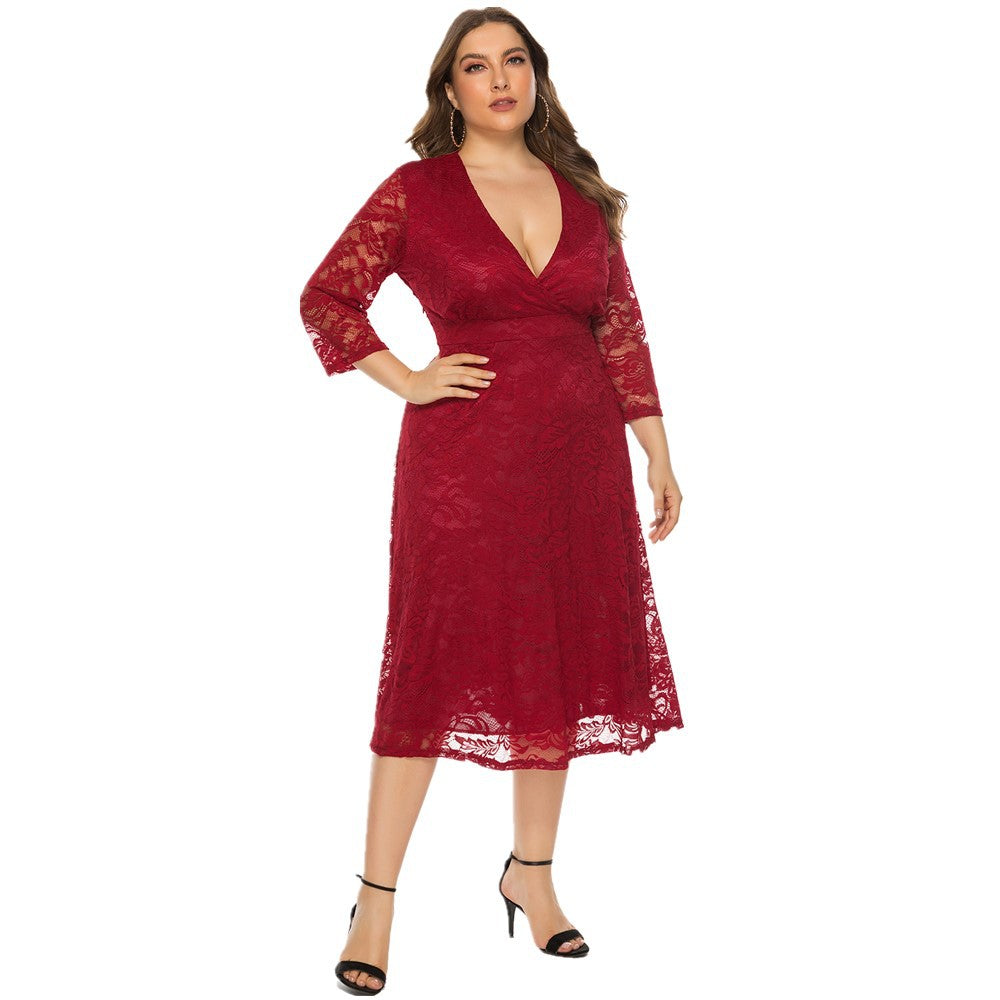 Women's Evening Dress Swing Mid-Length Dress Hollow Red Lace Dress