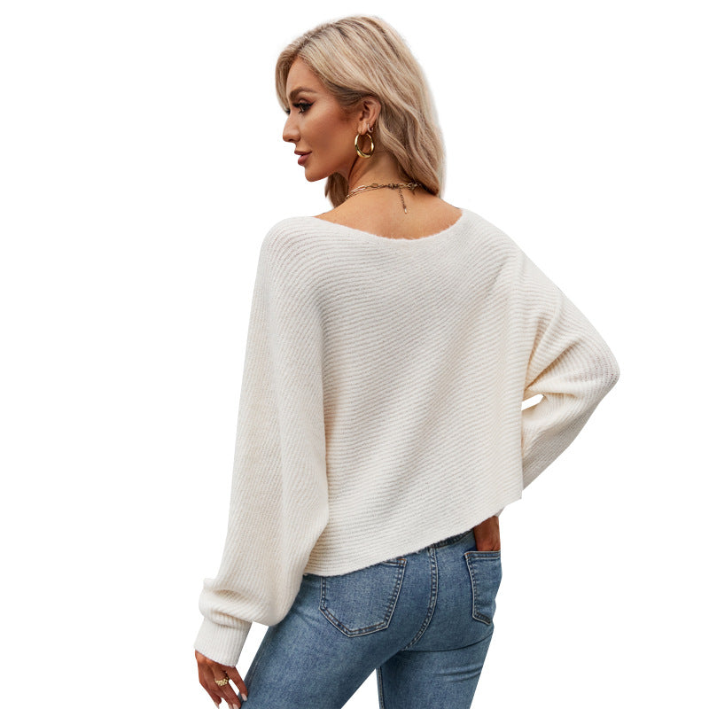 European and American Sweater Women's Autumn and Winter New Sexy Shoulder-Baring Sweater Solid Color Loose Batwing Sleeve Knitted Top