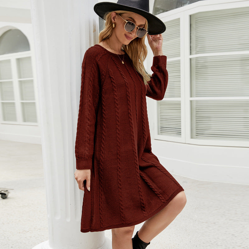 Solid Color Pullover Twisted Knitted Sweater Dress Long A- line Knitted Dress