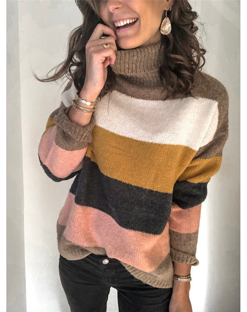 Turtleneck Patchwork Knitwear Ol plus Size Women's Striped Pullover Sweater Women
