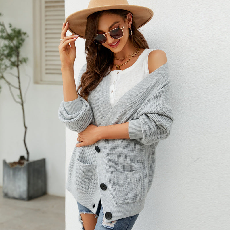 Casual Sweater Autumn and Winter Temperament V-neck Knitted Cardigan Solid Color Outerwear Versatile Sweater Coat