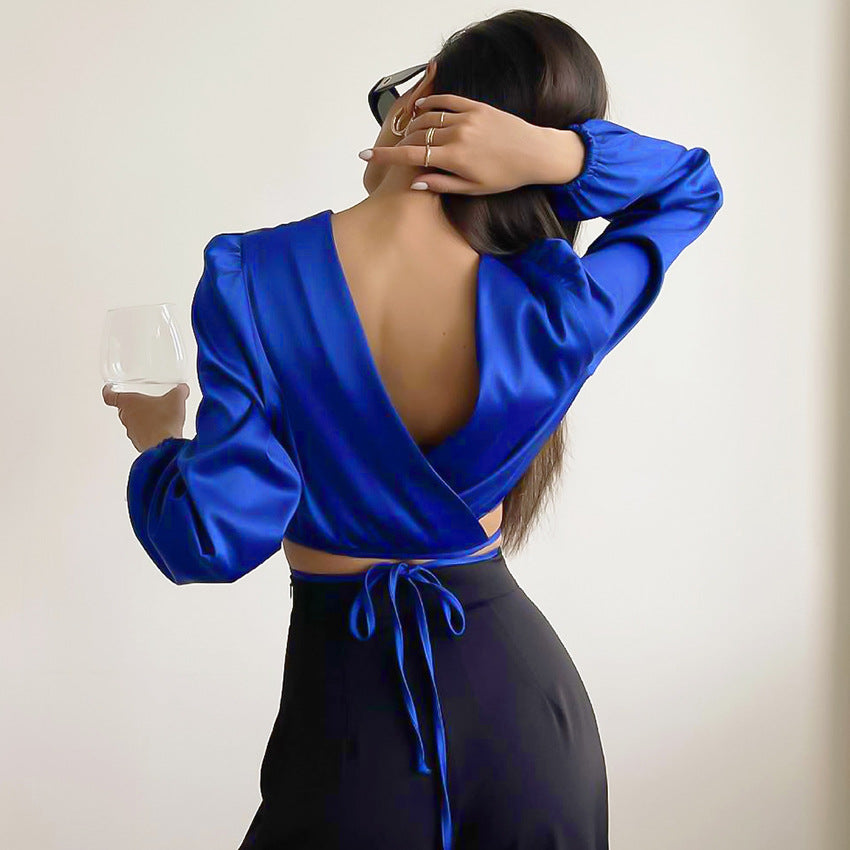 Klein Blue Short Satin Shirt Navel Shirt Front and Back Wearable Design