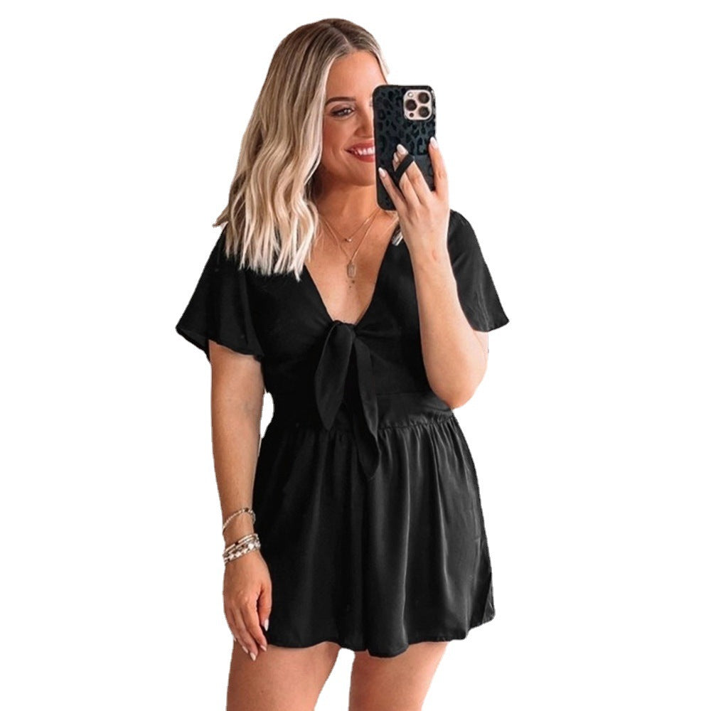 Bundle V-neck Sexy Spring/Summer New Women's Short Sleeve Fashion Loose Jumpsuit Casual Shorts