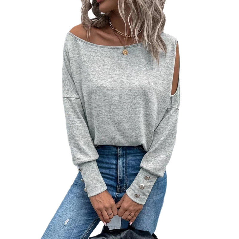 Solid Color Fashion off-the-Shoulder Cuff and Button T-shirt