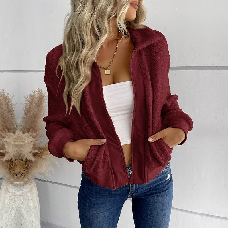 Autumn and Winter New European and American Fashion Women's Wear Solid Color Long Sleeve Lapel Berber Fleece Coat