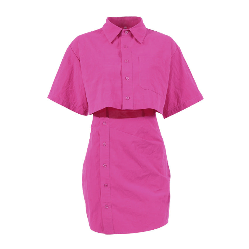 Sexy Short Dress Shirt Skirt Exposed Navel A- line Skirt Pink Short Sleeve Women